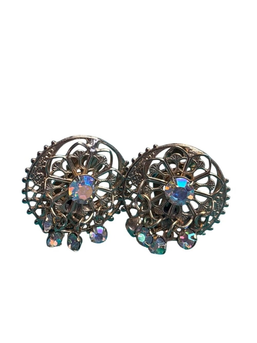 Goldtone Filigree Circle Clip On Earrings AB Aurora Borealis Rhinestones 1 inch